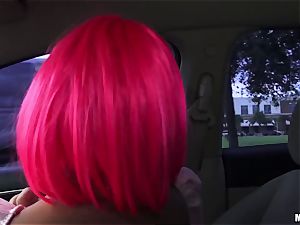 costume play ultra-cutie with pinkish hair deep throats a hefty weenie in the front seat of the car
